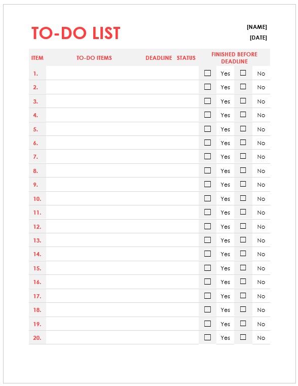 Daily To Do List with Deadlines - MS Word